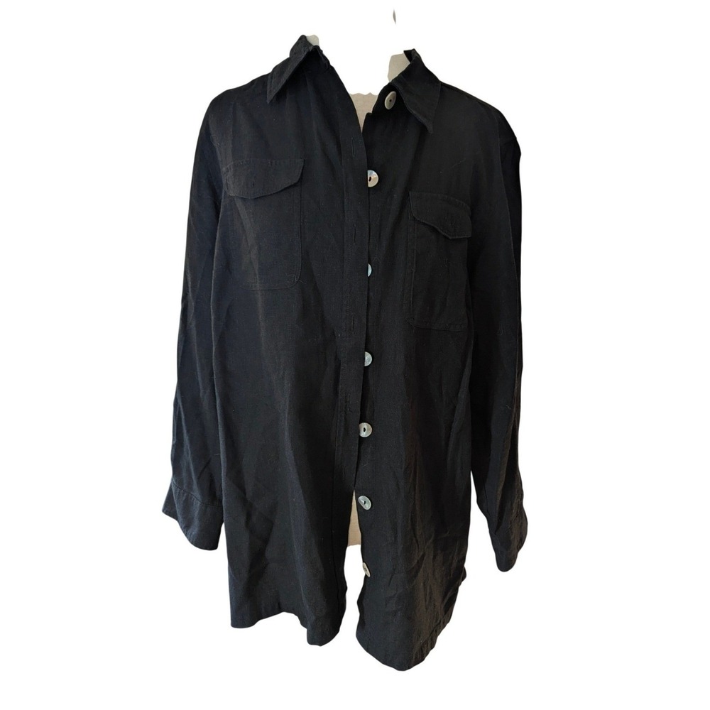 Liz & Me Womens 0X Black Linen Rayon Button Down Shirt Long Sleeve Pocket Top